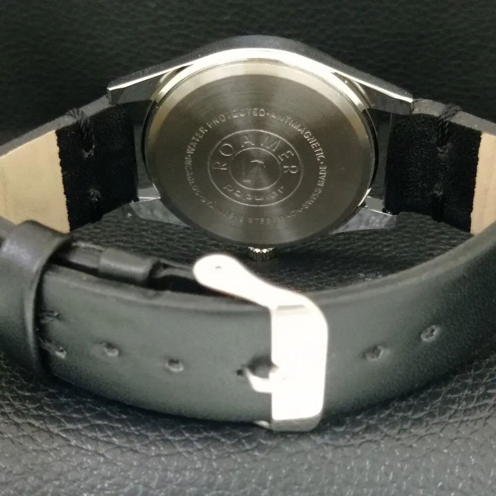 Vintage 1983 Roamer Manual Mens Silver Watch W/Leather Strap & White accents
